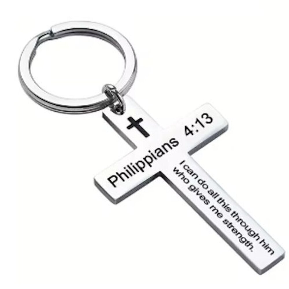 Title: Philippians 4:13 Silver Cross Keychain Christian Bible Verse Gift New